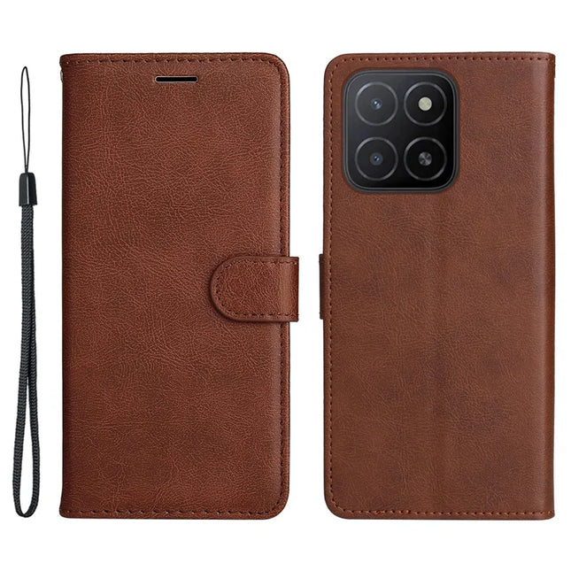 For Honor X5b / X5b Plus Case Solid Color Leather Mobile Cover Wallet Stand with Strap - Brown