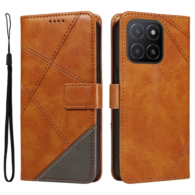 For Honor X5b / X5b Plus Leather Case Geometric Line Wallet Phone Cover - Brown