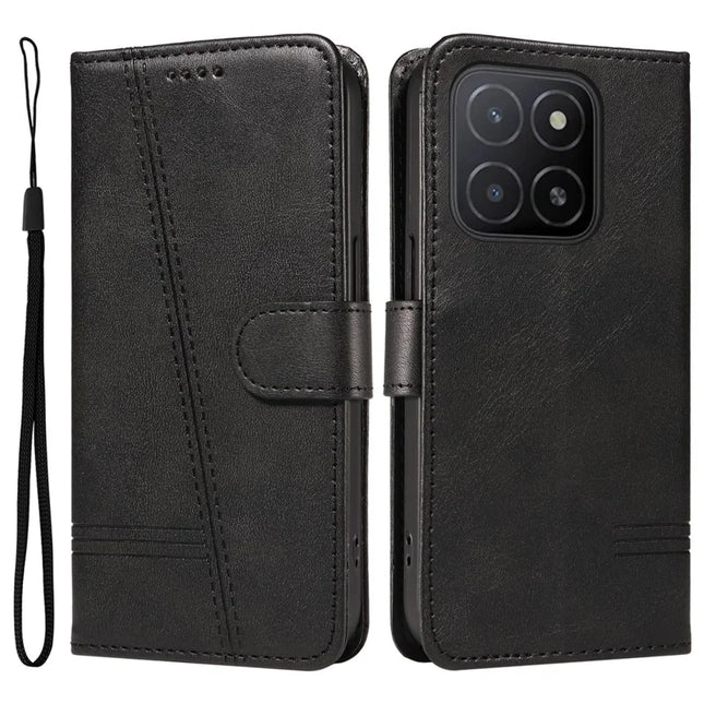 For Honor X5b / X5b Plus Wallet Phone Case T-Shape Lines Leather Cover - Black
