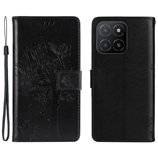 For Honor X5b / X5b Plus Case Cat Tree Pattern Flip Leather Phone Cover - Black