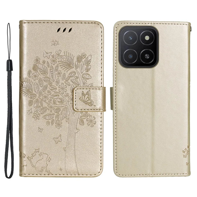 For Honor X5b / X5b Plus Case Cat Tree Pattern Flip Leather Phone Cover - Gold