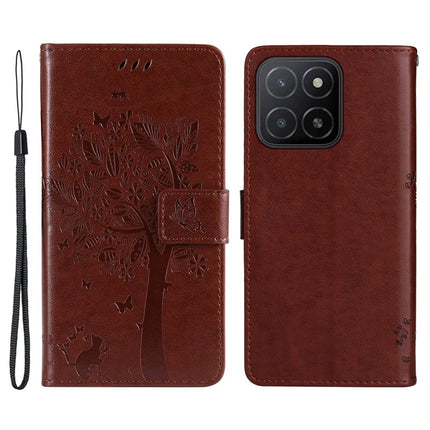 For Honor X5b / X5b Plus Case Cat Tree Pattern Flip Leather Phone Cover - Brown