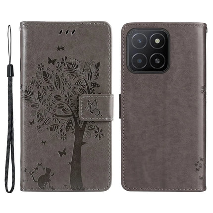 For Honor X5b / X5b Plus Case Cat Tree Pattern Flip Leather Phone Cover - Grey
