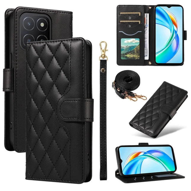 For Honor X5b / X5b Plus Wallet Case Rhombus Leather Phone Cover - Black