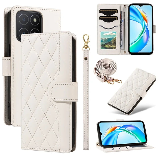 For Honor X5b / X5b Plus Wallet Case Rhombus Leather Phone Cover - White