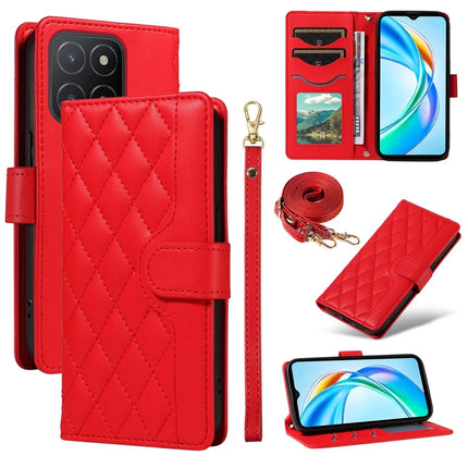 For Honor X5b / X5b Plus Wallet Case Rhombus Leather Phone Cover - Red
