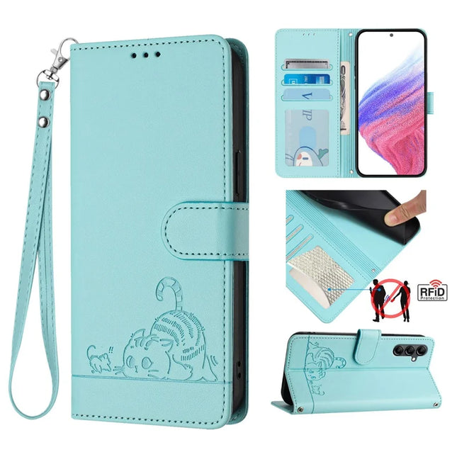 For Samsung Galaxy A26 5G Case with Strap RFID Blocking Leather Wallet Phone Cover Cat Mouse Pattern - Mint Green