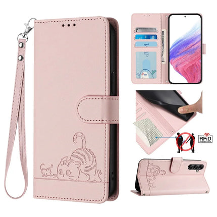 For Samsung Galaxy A26 5G Case with Strap RFID Blocking Leather Wallet Phone Cover Cat Mouse Pattern - Pink