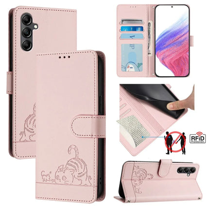 For Samsung Galaxy A26 5G Case with Strap RFID Blocking Leather Wallet Phone Cover Cat Mouse Pattern