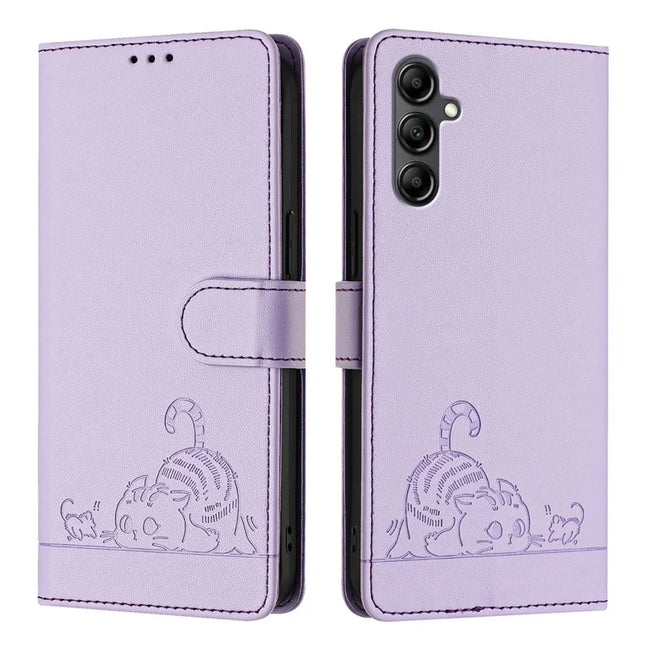 For Samsung Galaxy A26 5G Case with Strap RFID Blocking Leather Wallet Phone Cover Cat Mouse Pattern - Purple
