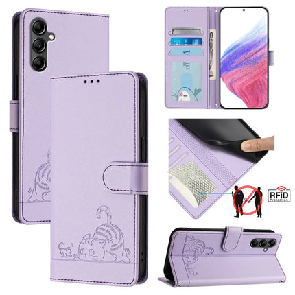 For Samsung Galaxy A26 5G Case with Strap RFID Blocking Leather Wallet Phone Cover Cat Mouse Pattern - Purple