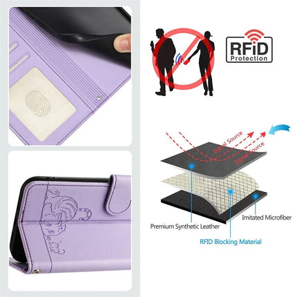 For Samsung Galaxy A26 5G Case with Strap RFID Blocking Leather Wallet Phone Cover Cat Mouse Pattern - Purple