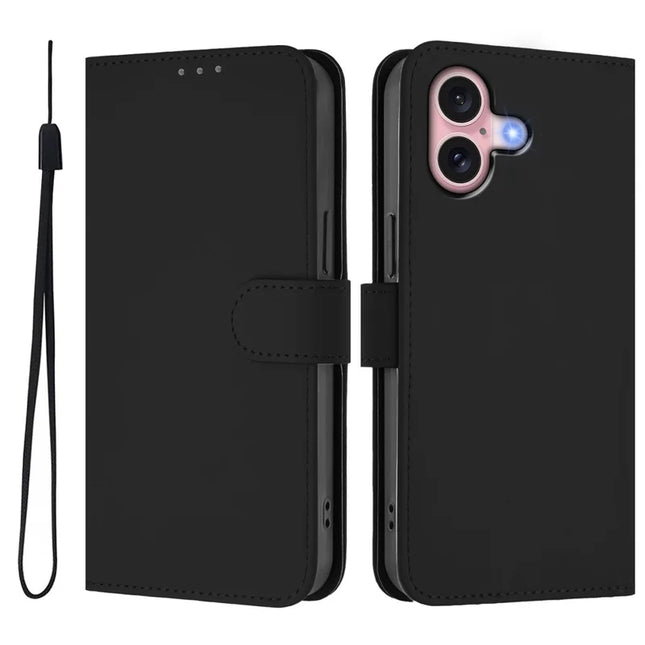 For iPhone 16 Case Solid Color Wallet Leather Phone Cover with Strap - Black