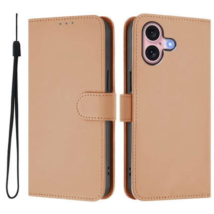 For iPhone 16 Case Solid Color Wallet Leather Phone Cover with Strap - Nude