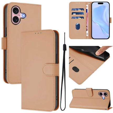 For iPhone 16 Case Solid Color Wallet Leather Phone Cover with Strap