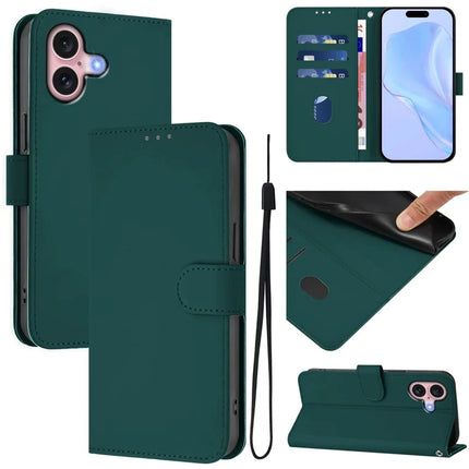 For iPhone 16 Case Solid Color Wallet Leather Phone Cover with Strap