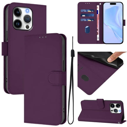 For iPhone 16 Pro Case Solid Color Wallet Leather Phone Cover with Strap - Violet