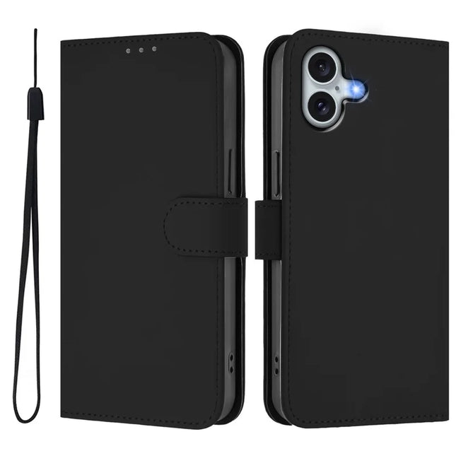 For iPhone 16 Plus Case Solid Color Wallet Leather Phone Cover with Strap - Black