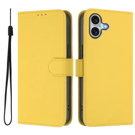 For iPhone 16 Plus Case Solid Color Wallet Leather Phone Cover with Strap - Lemon