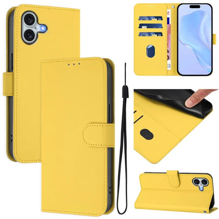 For iPhone 16 Plus Case Solid Color Wallet Leather Phone Cover with Strap