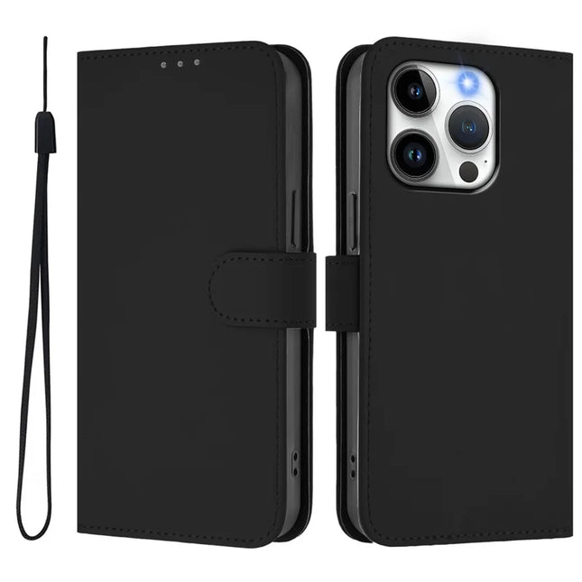 For iPhone 15 Pro Case Solid Color Wallet Leather Phone Cover with Strap - Black