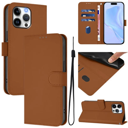 For iPhone 16 Pro Max Case Solid Color Wallet Leather Phone Cover with Strap - Brown