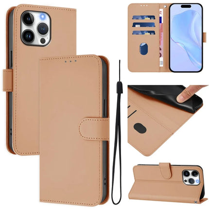 For iPhone 16 Pro Max Case Solid Color Wallet Leather Phone Cover with Strap - Nude