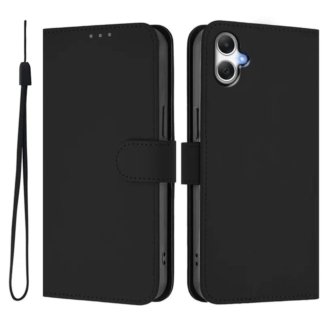 For Samsung Galaxy A05 4G Case Solid Color Wallet Leather Phone Cover with Strap - Black