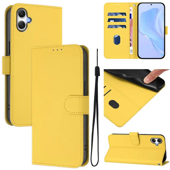 For Samsung Galaxy A05 4G Case Solid Color Wallet Leather Phone Cover with Strap - Lemon