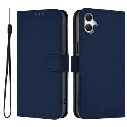 For Samsung Galaxy A05 4G Case Solid Color Wallet Leather Phone Cover with Strap - Navy Blue