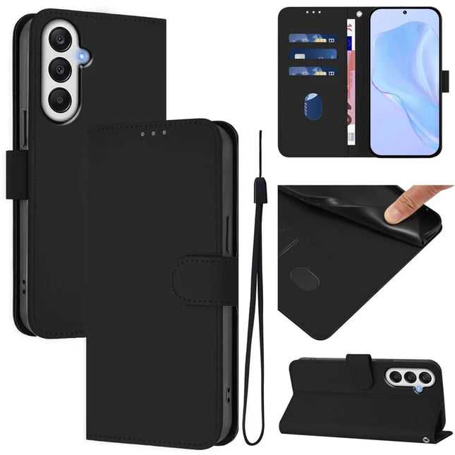 For Samsung Galaxy A05s 4G Case Solid Color Wallet Leather Phone Cover with Strap - Black