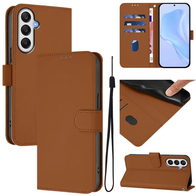 For Samsung Galaxy A05s 4G Case Solid Color Wallet Leather Phone Cover with Strap - Brown