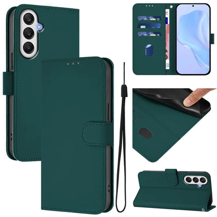 For Samsung Galaxy A05s 4G Case Solid Color Wallet Leather Phone Cover with Strap - Dark Green