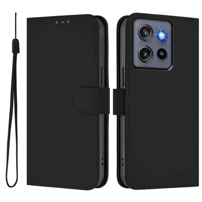 For Motorola Edge 50 Neo 5G Case Solid Color Wallet Leather Phone Cover with Strap - Black