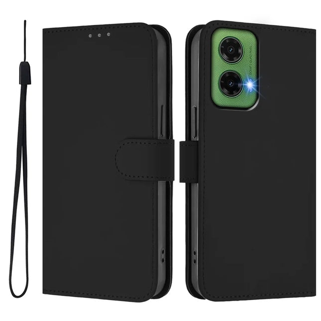 For Motorola Moto G35 5G Case Solid Color Wallet Leather Phone Cover with Strap - Black