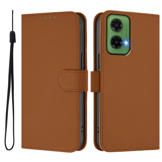 For Motorola Moto G35 5G Case Solid Color Wallet Leather Phone Cover with Strap - Brown