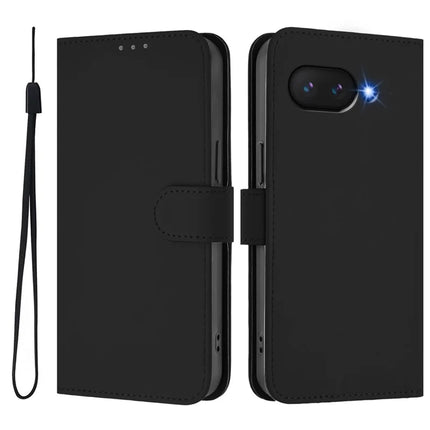 For Google Pixel 9a Case Solid Color Wallet Leather Phone Cover with Strap - Black