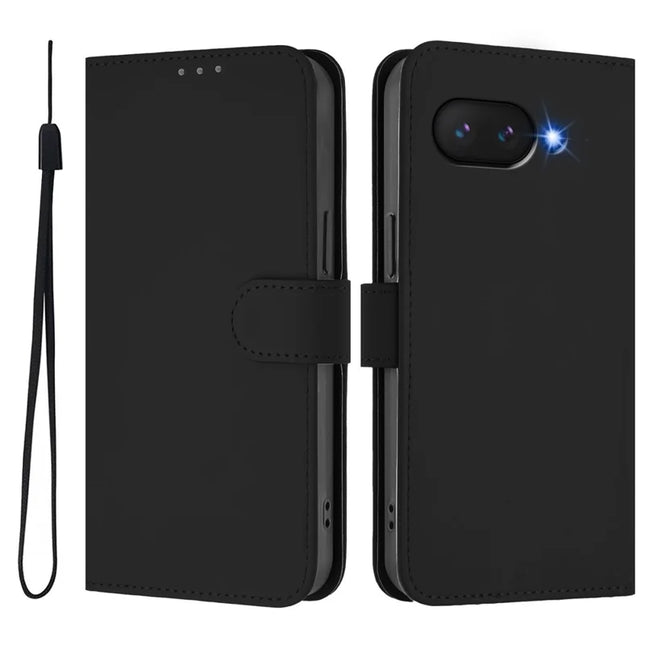 For Google Pixel 9a Case Solid Color Wallet Leather Phone Cover with Strap - Black