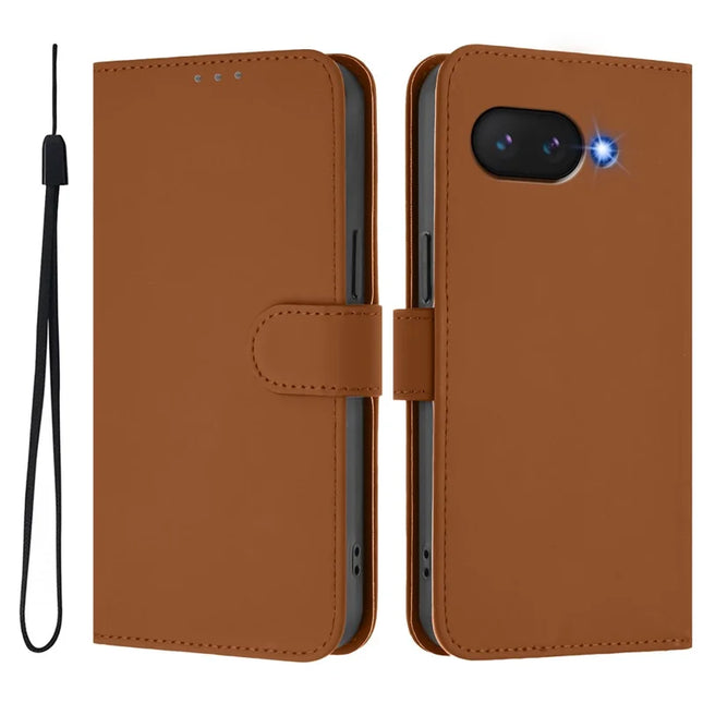 For Google Pixel 9a Case Solid Color Wallet Leather Phone Cover with Strap - Brown