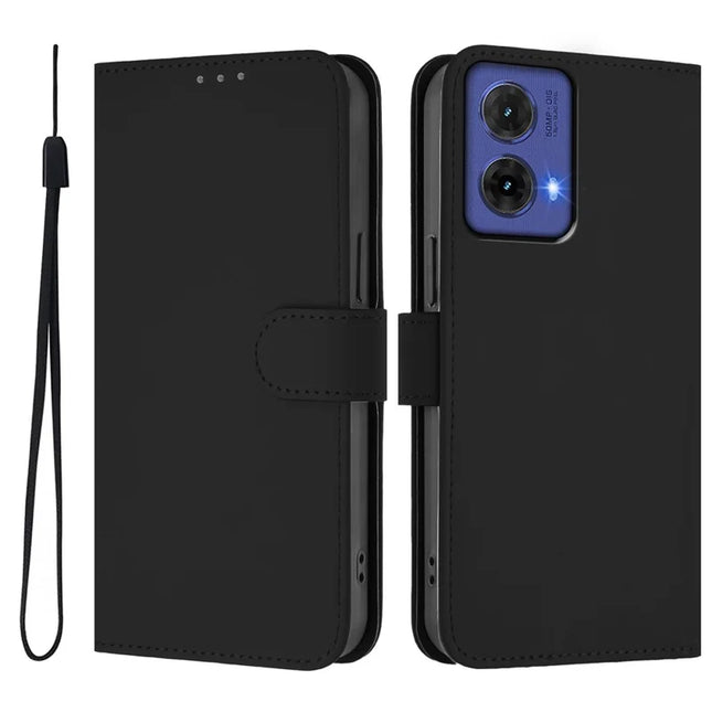 For Motorola Moto G85 5G Case Solid Color Wallet Leather Phone Cover with Strap - Black