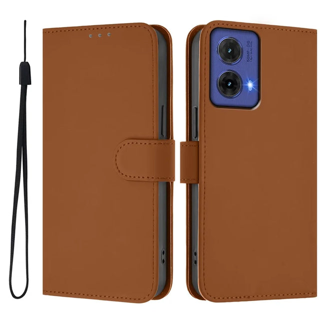 For Motorola Moto G85 5G Case Solid Color Wallet Leather Phone Cover with Strap - Brown