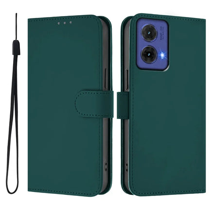For Motorola Moto G85 5G Case Solid Color Wallet Leather Phone Cover with Strap - Dark Green