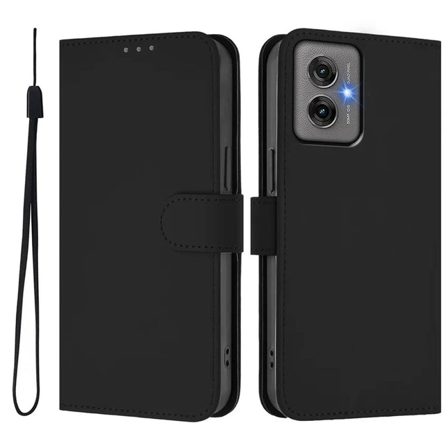 For Motorola Moto G55 5G Case Solid Color Wallet Leather Phone Cover with Strap - Black