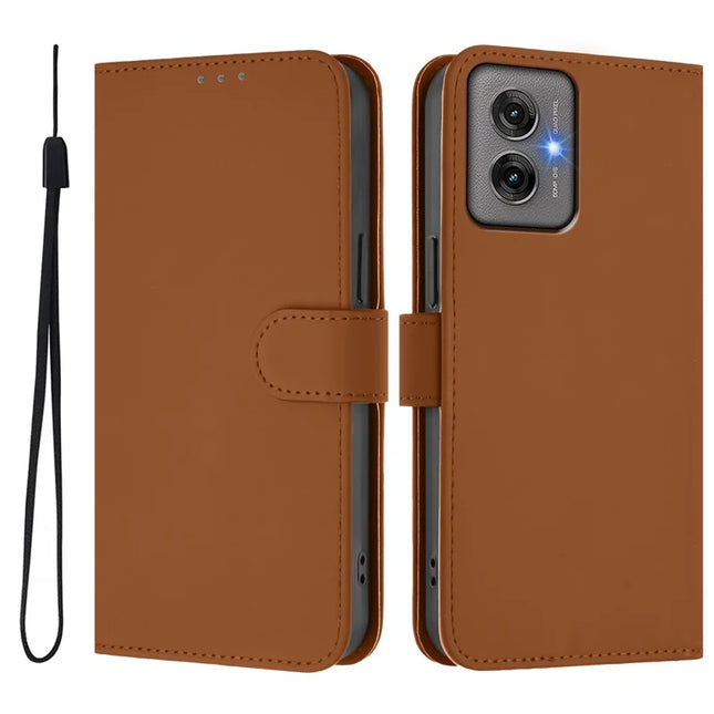 For Motorola Moto G55 5G Case Solid Color Wallet Leather Phone Cover with Strap - Brown