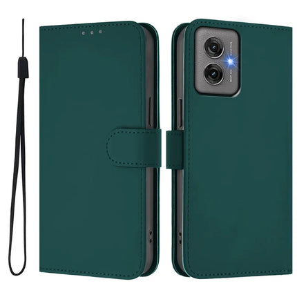 For Motorola Moto G55 5G Case Solid Color Wallet Leather Phone Cover with Strap - Dark Green