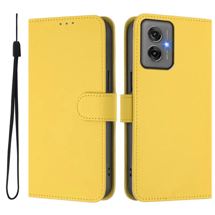 For Motorola Moto G55 5G Case Solid Color Wallet Leather Phone Cover with Strap - Lemon
