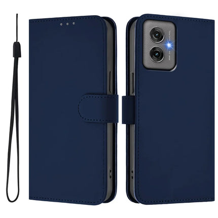 For Motorola Moto G55 5G Case Solid Color Wallet Leather Phone Cover with Strap - Navy Blue