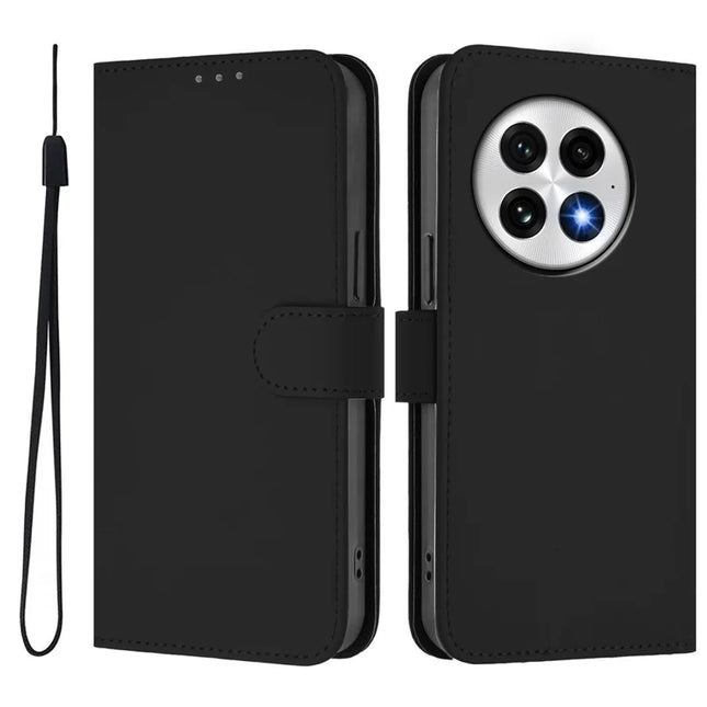 For OnePlus 13 Case Solid Color Wallet Leather Phone Cover with Strap - Black