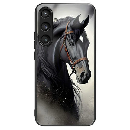 For Samsung Galaxy A16 4G  /  5G Case Tempered Glass Back Cover with Pattern Printing - Grey Horse