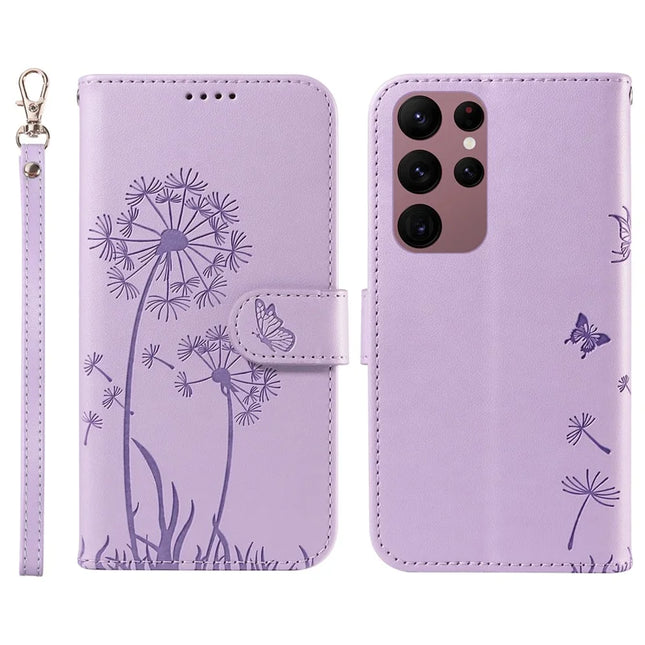 For Samsung Galaxy S23 Ultra Leather Case Wallet Phone Cover Dandelion Imprint - Purple